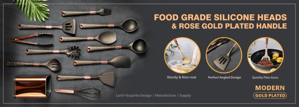 Silicone cooking utensils with rose gold plated handles and multiple silicone heads