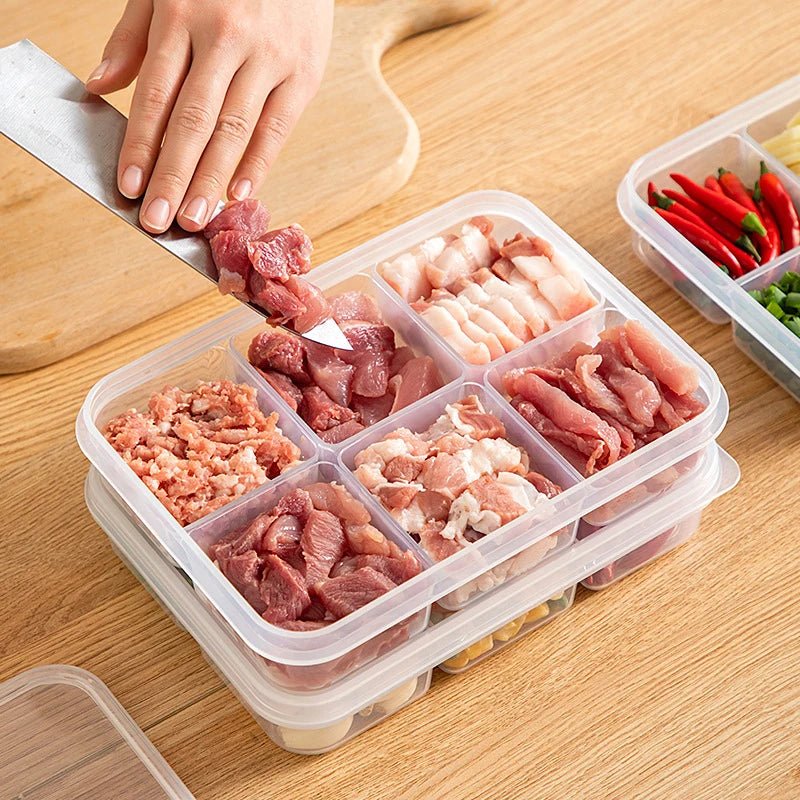 Clear multi-compartment food storage box with 6 sections