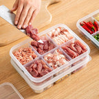 Clear multi-compartment food storage box with 6 sections