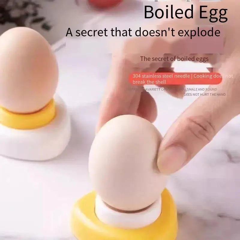 Egg hole puncher tool pressing into a boiled egg, exposing the yellow center