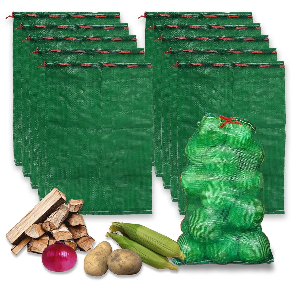 Green mesh produce storage bags with drawstring, extra-large set (10 bags).