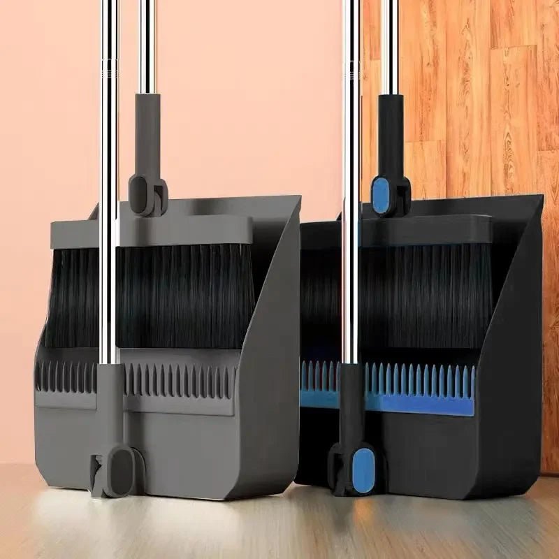 Household broom and dustpan set with gray dustpan, black bristles, and two upright handles