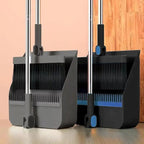 Household broom and dustpan set with gray dustpan, black bristles, and two upright handles