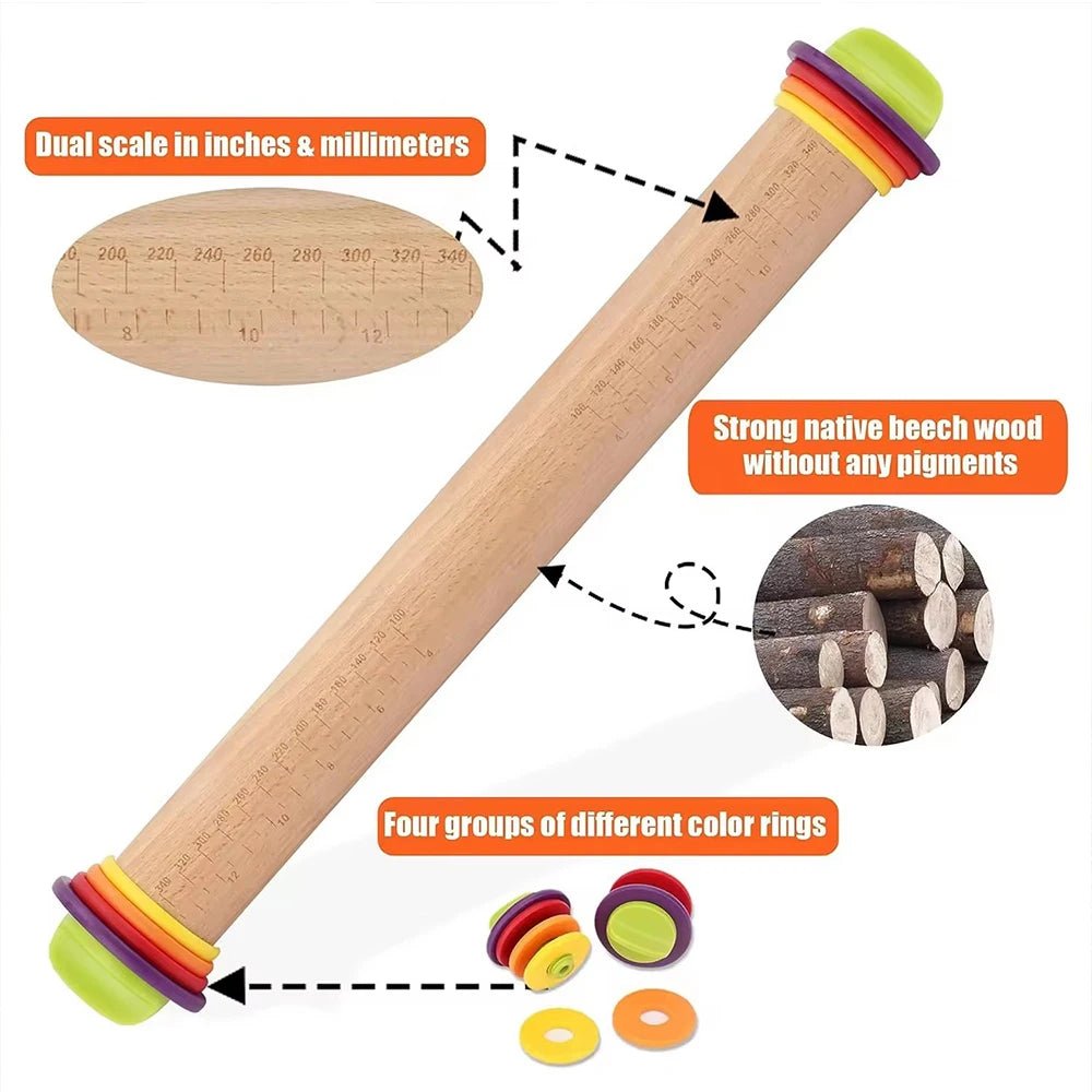 Adjustable beech rolling pin with dual inch and millimeter scale and colored rings