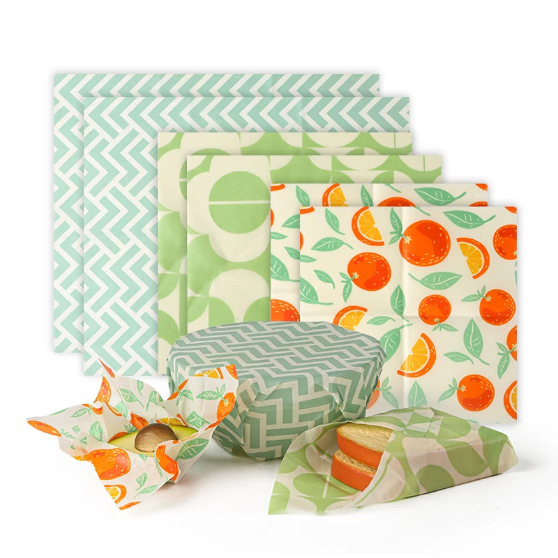 Reusable beeswax food wraps set, teal zigzag and citrus leaf patterns, organic cotton
