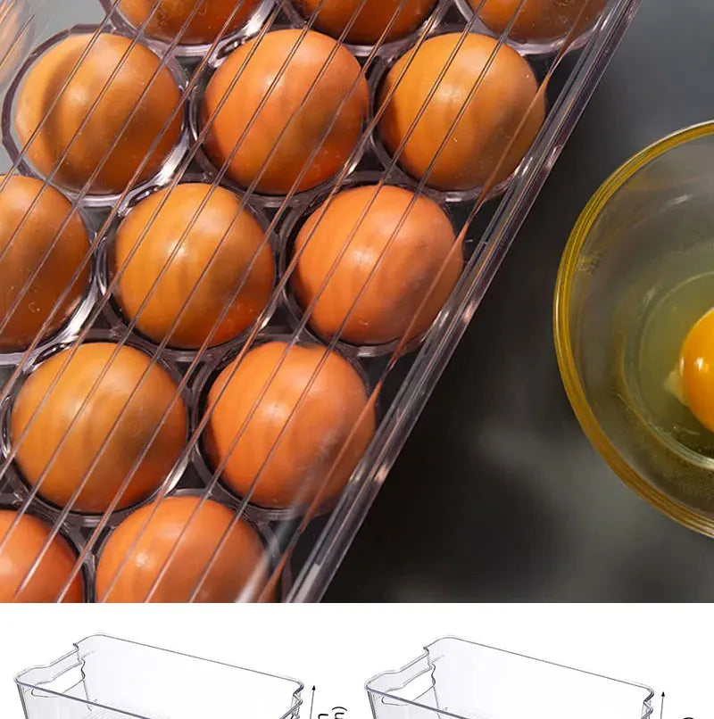 Clear stackable organizer bin with built-in handle, filled with whole eggs