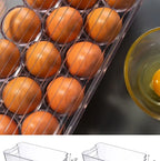 Clear stackable organizer bin with built-in handle, filled with whole eggs