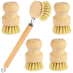 Dish scrub brush set with light wood handles, round heads, and yellow bristles