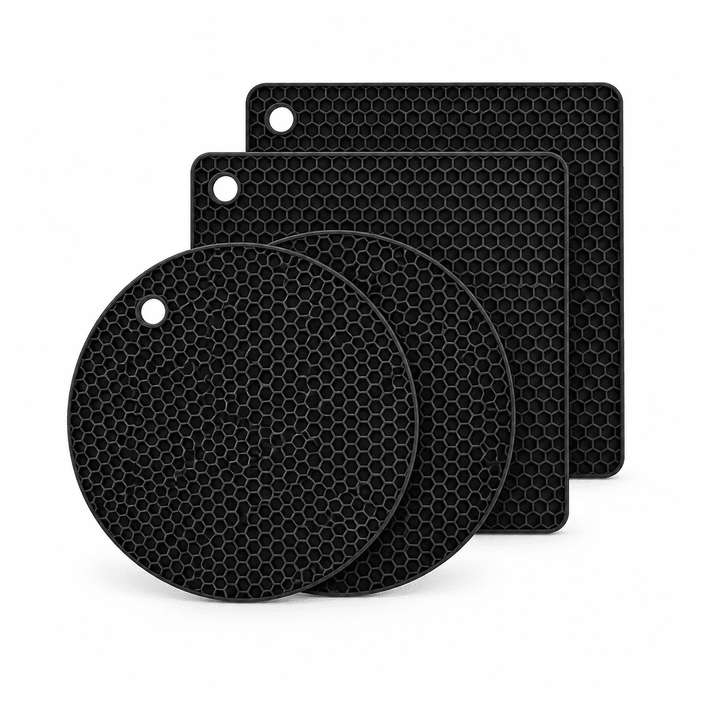 Black silicone trivet mats set with hex texture, stacked pads, and hanging holes