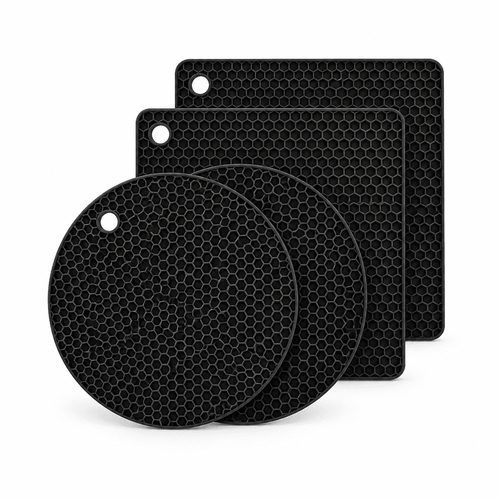 Black silicone trivet mats set with hex texture, stacked pads, and hanging holes