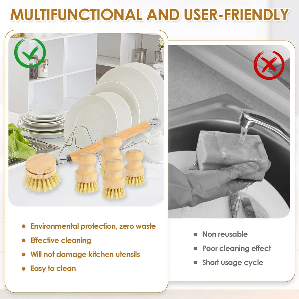 Natural dish scrub brush set with multiple brush heads and wooden handles
