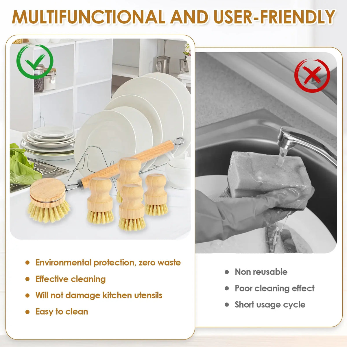 Natural dish scrub brush set with multiple brush heads and wooden handles