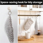 Stainless steel chainmail scrubber with hanging loop and storage hook for drying