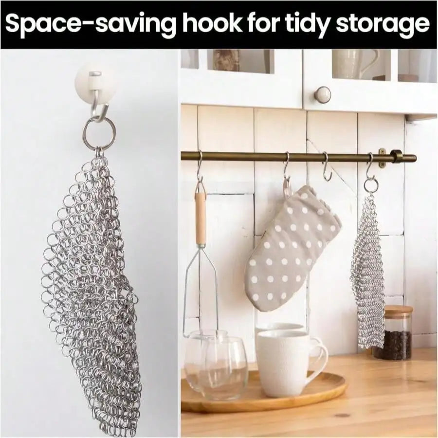 Stainless steel chainmail scrubber with hanging loop and storage hook for drying