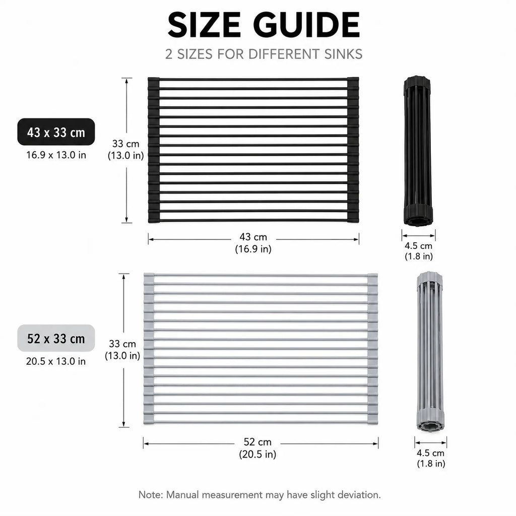 Roll-up dish drying rack size guide showing two dimensions and rolled ends