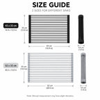 Roll-up dish drying rack size guide showing two dimensions and rolled ends