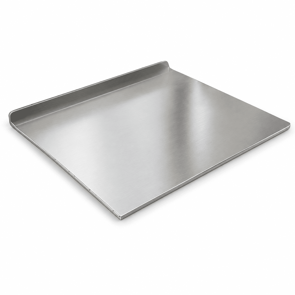 Brushed stainless steel pastry and cutting board with angled perspective