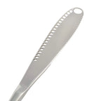 Stainless steel butter curler knife with perforated ridged blade edge