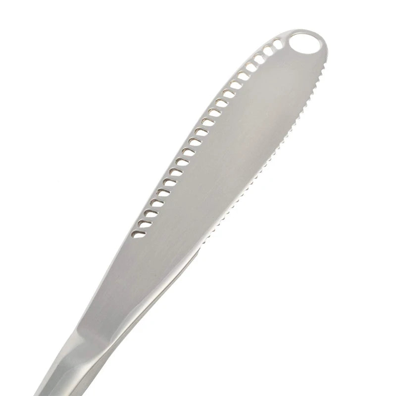 Stainless steel butter curler knife with perforated ridged blade edge