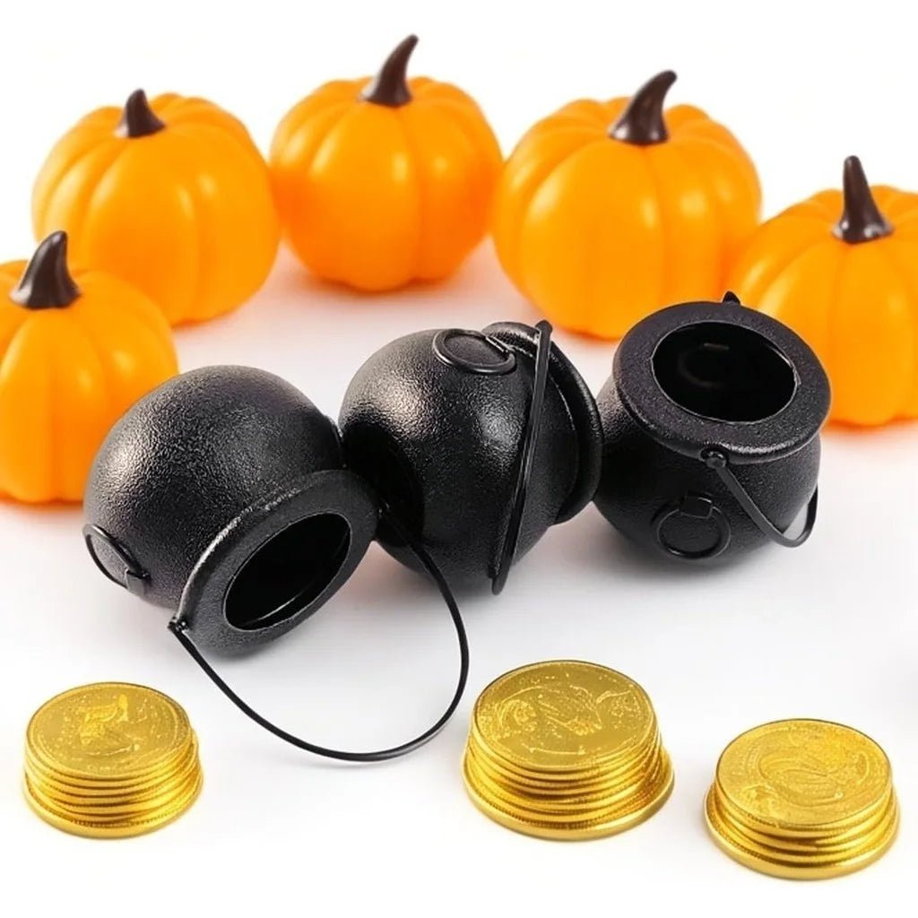 Black cauldron candy bowl set with handles, round openings, textured surface