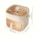 Ice cube maker with pull-out drawer shown with height and length measurement lines