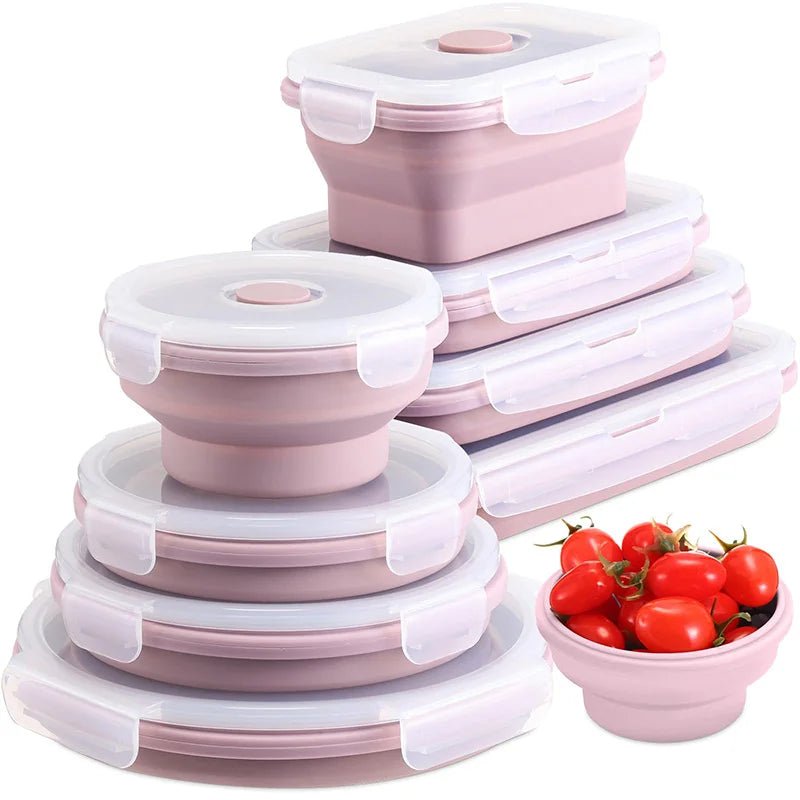 Blush pink collapsible silicone food storage containers, stacked with clear snap lids