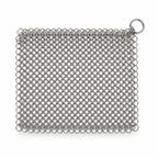 Rectangular stainless steel chainmail scrubber pad with metal ring loop
