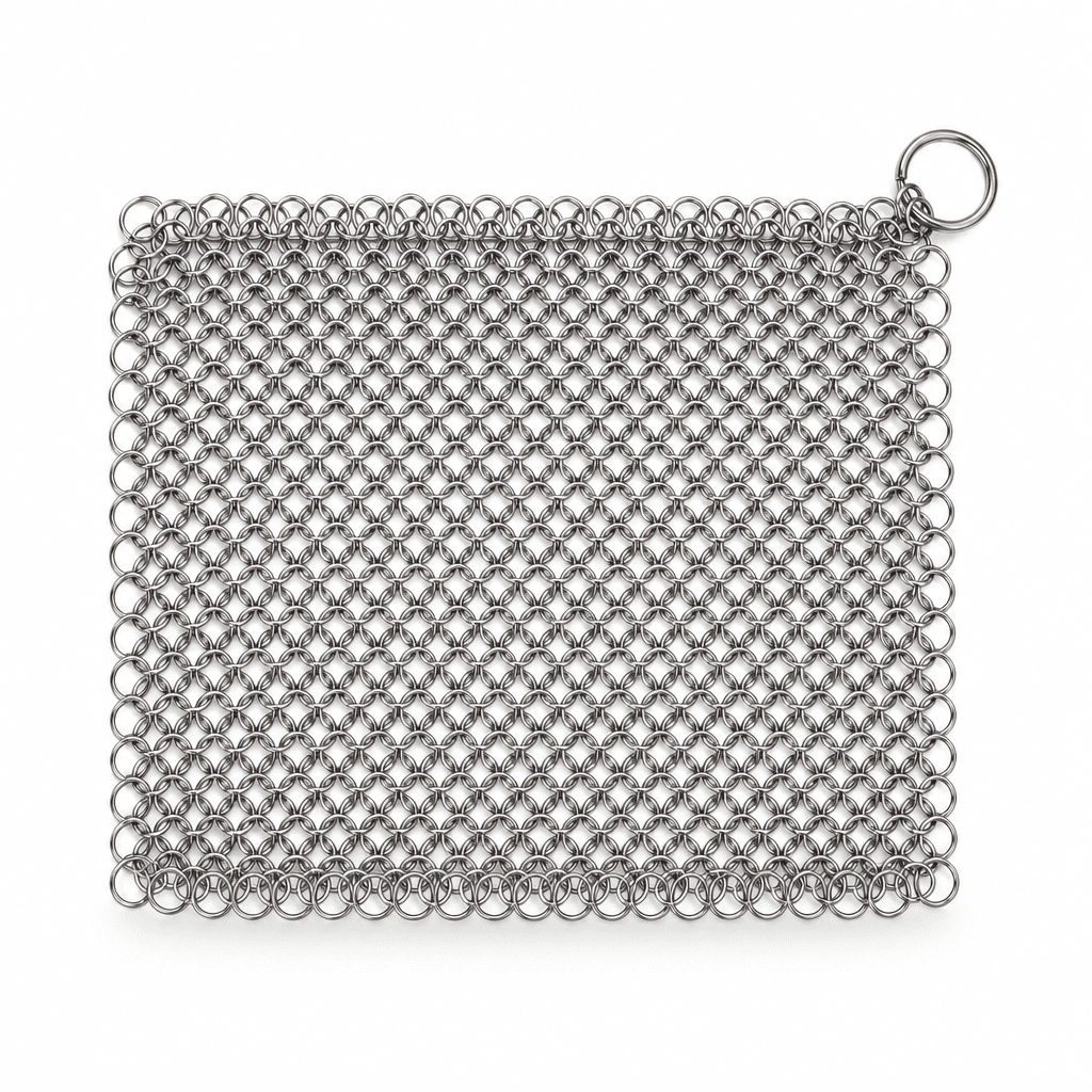 Rectangular stainless steel chainmail scrubber pad with metal ring loop
