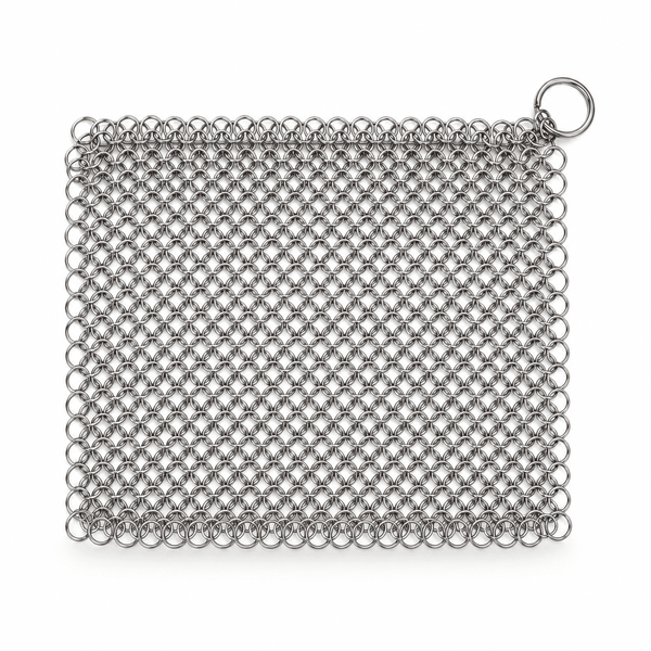 Cast Iron Chainmail Scrubber with 316 Stainless Steel Mesh for Seasoning-Safe Skillet Cleaning
