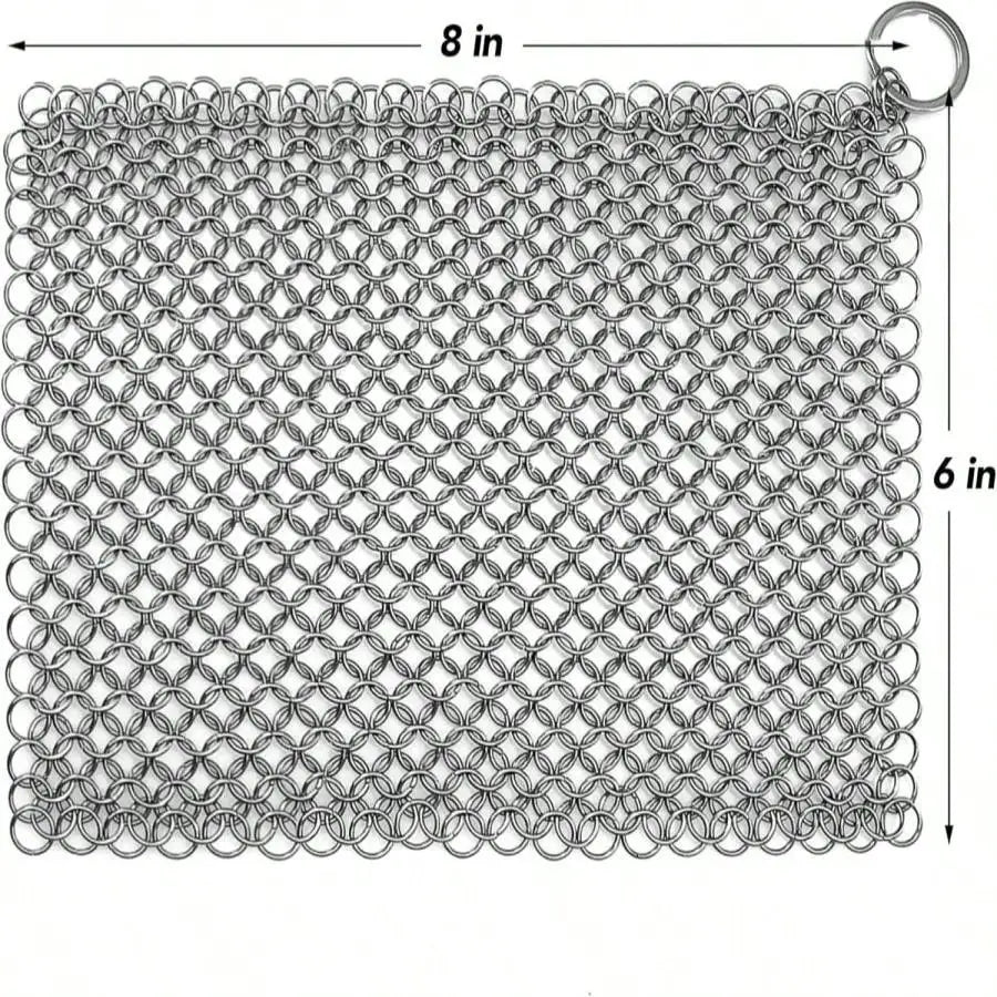 Rectangular stainless steel chainmail mesh scrubber with loop ring at top
