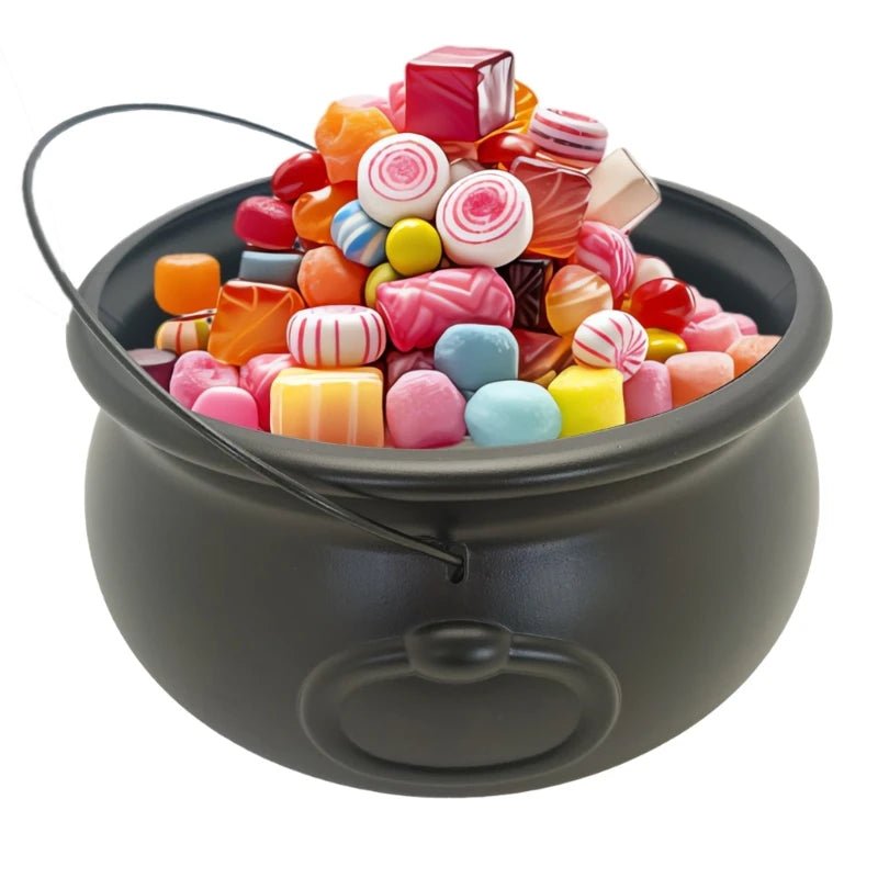 Black cauldron candy bucket filled with colorful candy pieces, with hanging hook