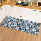 PVC kitchen floor mat with blue tile mosaic pattern, rectangular spill-protecting mat.