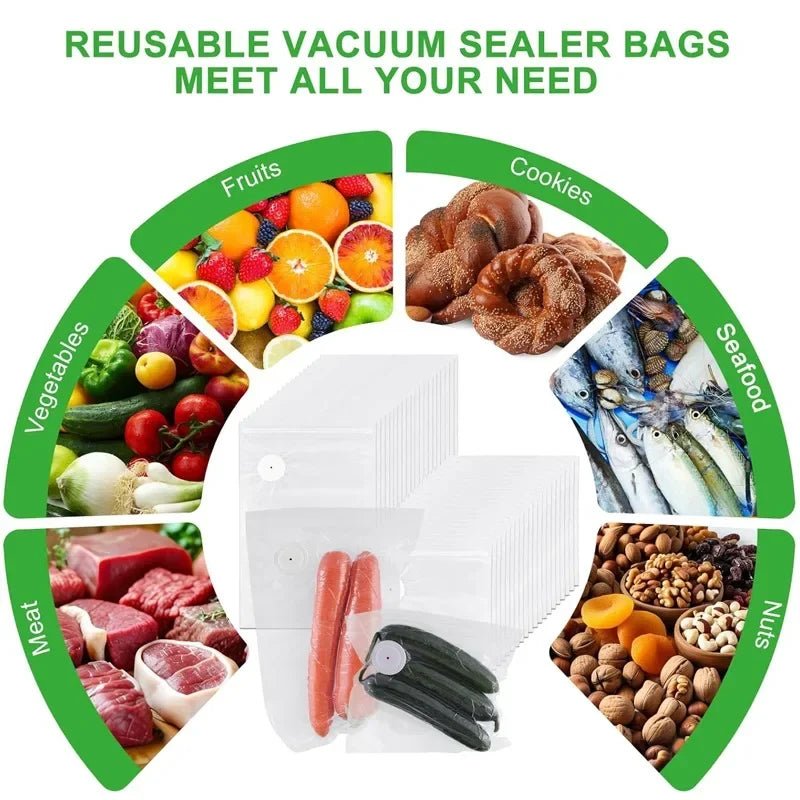 Reusable vacuum sealer bag set with valve discs and assorted food illustrations