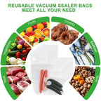 Reusable vacuum sealer bag set with valve discs and assorted food illustrations