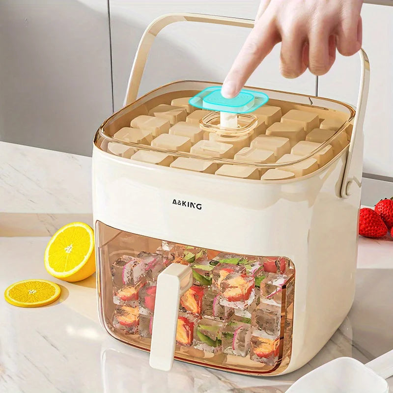 Ice cube maker press-top button with pull-out drawer showing colorful frozen ice cubes