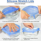 Blue silicone stretch lids on glass bowls, flexible fit and sealing tabs