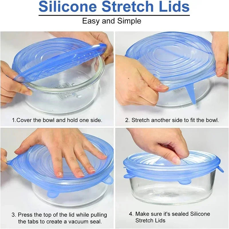 Blue silicone stretch lids on glass bowls, flexible fit and sealing tabs