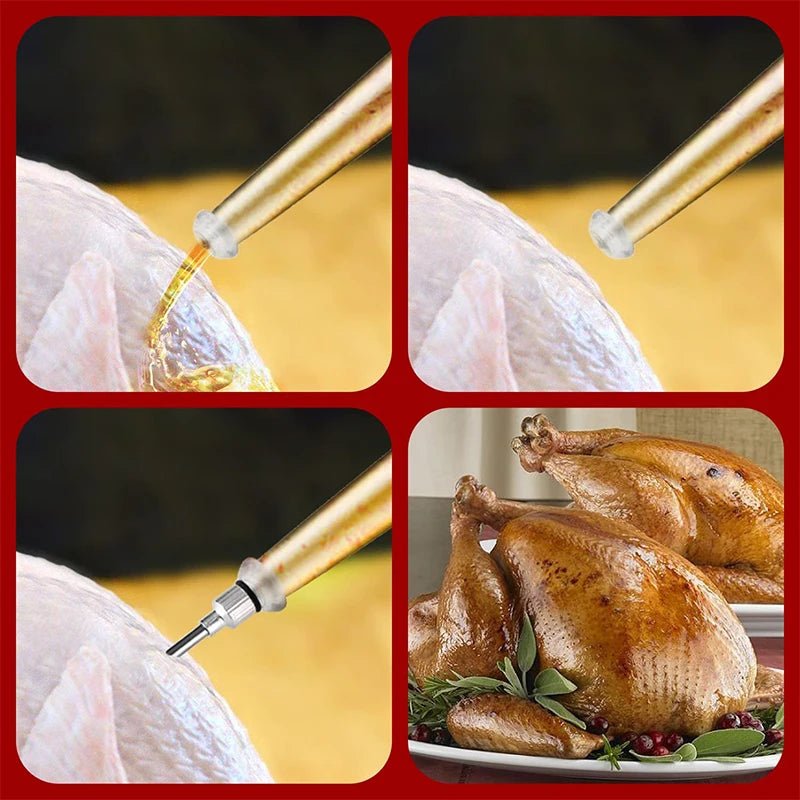 Marinade injector applying liquid to poultry, shown in four views