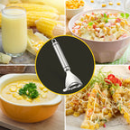 Corn peeler tool for shaving kernels, shown with corn dishes and glass of milk