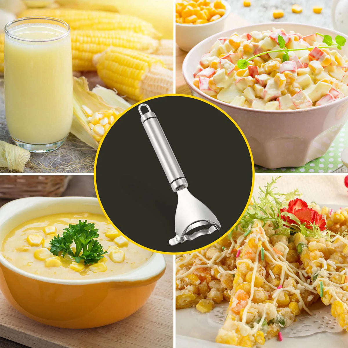 Corn peeler tool for shaving kernels, shown with corn dishes and glass of milk