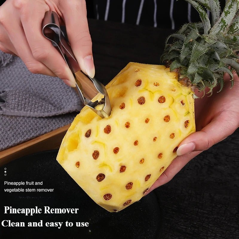 Stainless steel pineapple eye remover tool removing fruit eyes with V-shaped blade