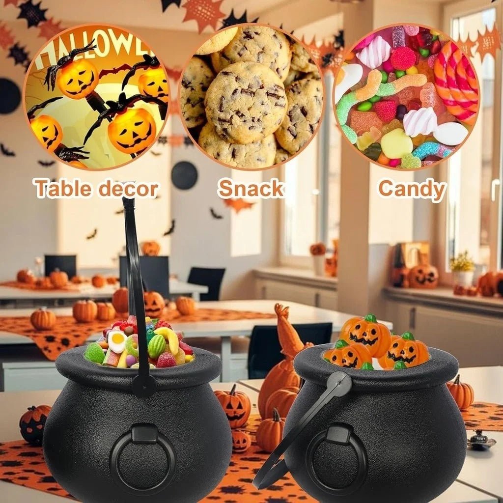 Black cauldron candy bowl with handle and round opening, textured finish