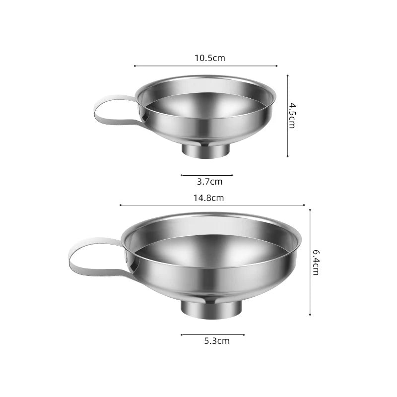 Stainless steel canning funnel with handle, shown with size measurements
