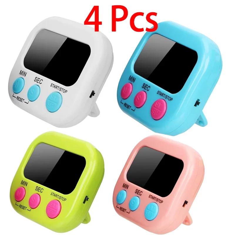 4-pack digital kitchen timers in assorted colors: white, blue, green, and pink