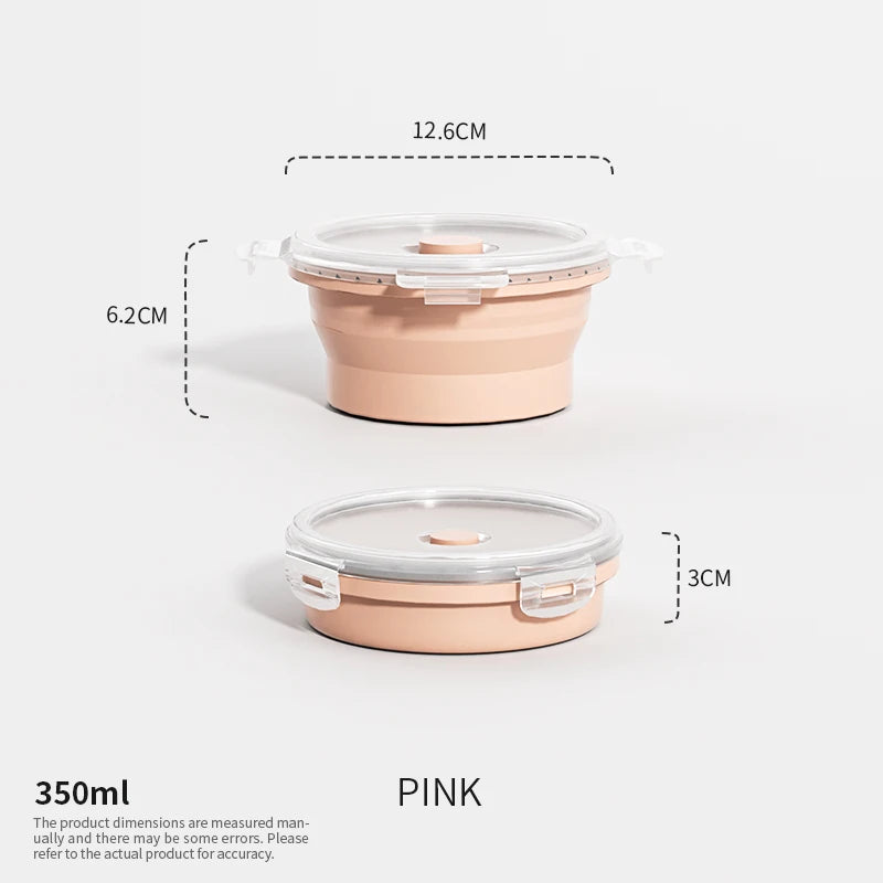 Collapsible round silicone food storage container with lid, blush pink, 350 ml