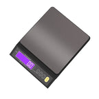 Stainless steel digital kitchen scale with dark base and purple LCD display