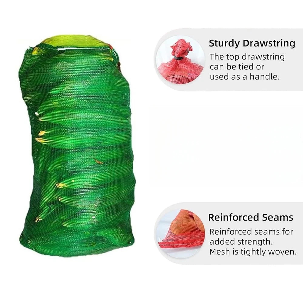 Green mesh drawstring produce bag with tied handle; reinforced seam detail.