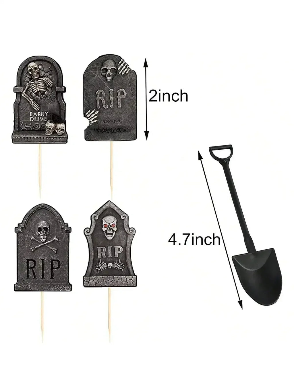 Black tombstone cupcake toppers with shovel picks; 2 in and 4.7 in markings