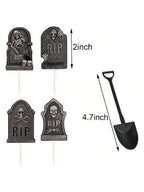 Black tombstone cupcake toppers with shovel picks; 2 in and 4.7 in markings