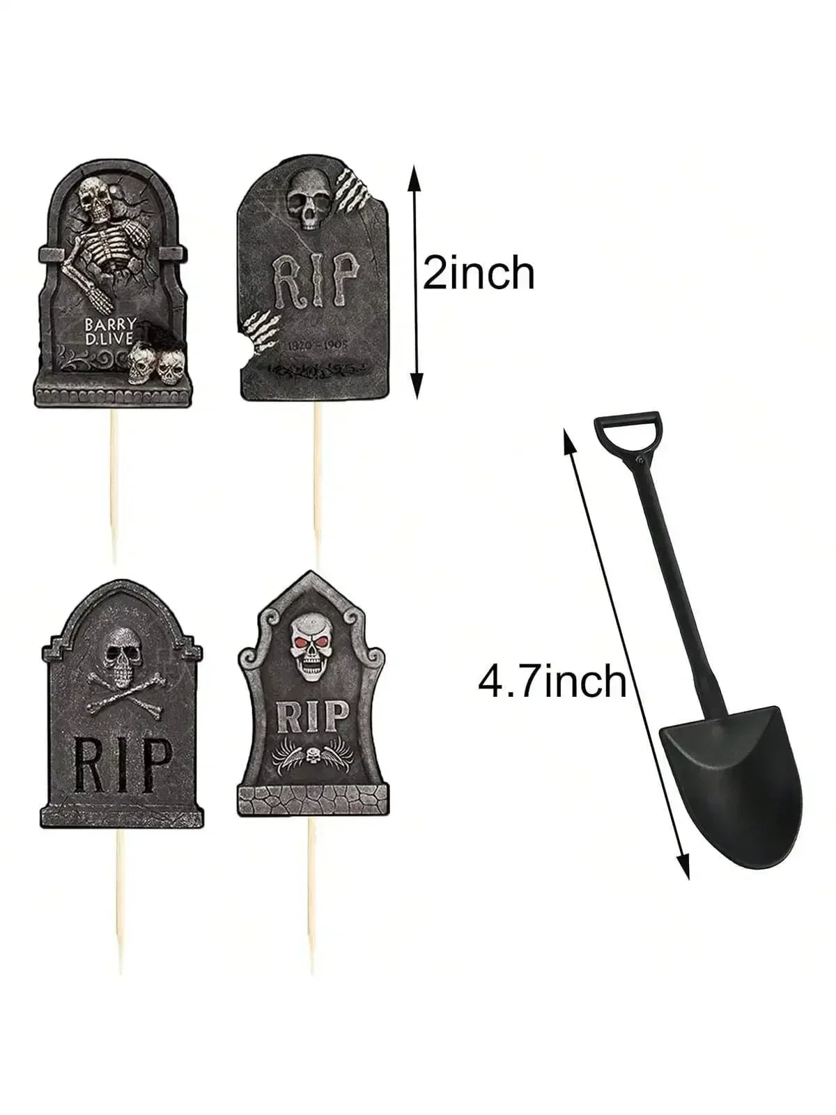 Black tombstone cupcake toppers with shovel picks; 2 in and 4.7 in markings